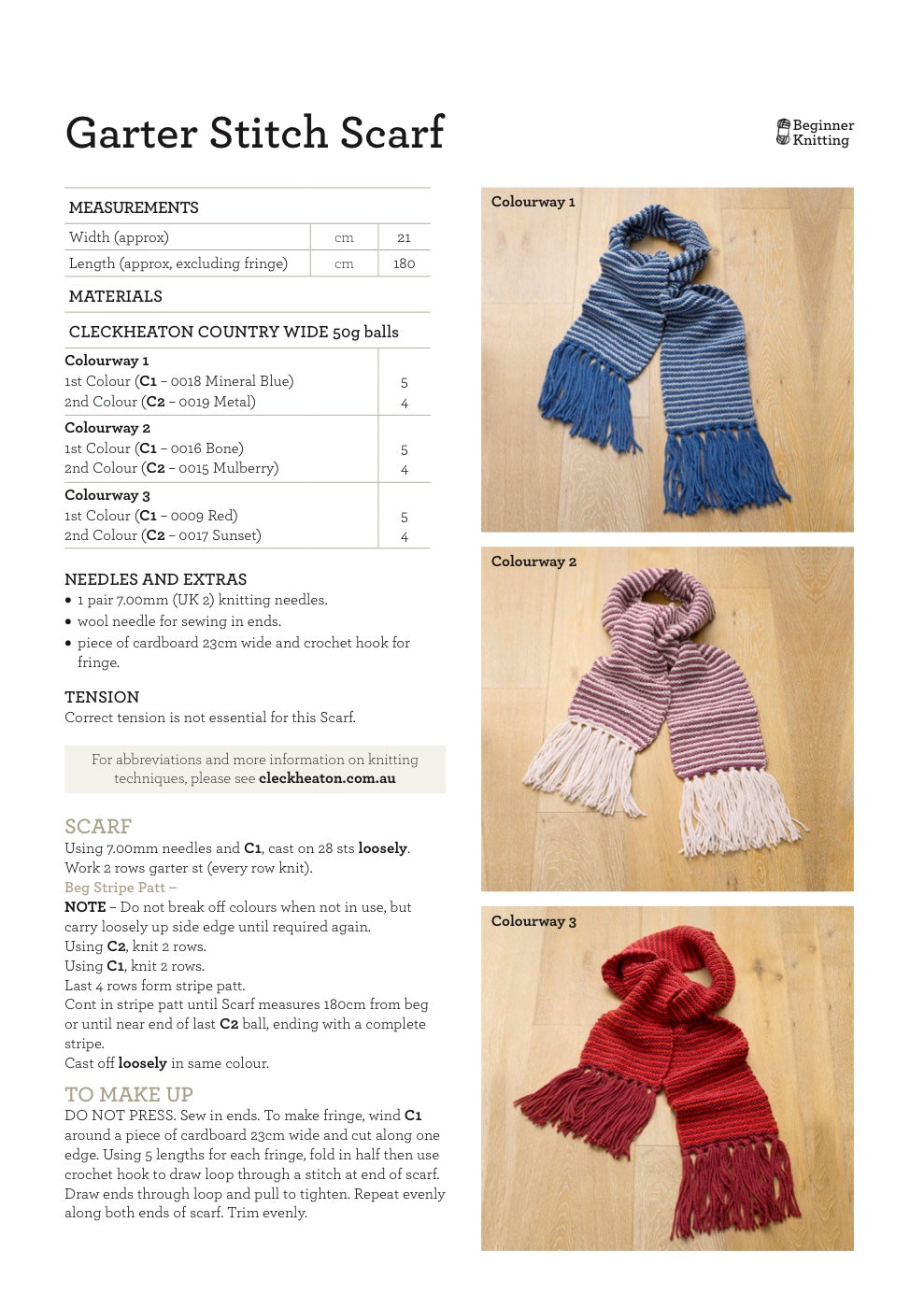 Striped Garter Stitch Scarf Knitting Pattern in Cleckheaton Country Wide - pattern instructions