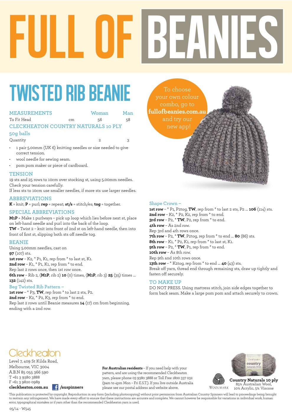 Twisted Rib Beanie Knitting Pattern in Cleckheaton Country Naturals 10 Ply - pattern instructions