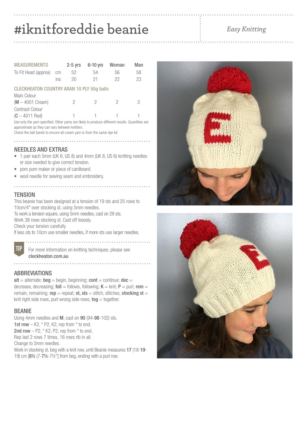 Initial Letter Beanie Knitting Pattern in Cleckheaton Country Aran 10 Ply - pattern instructions