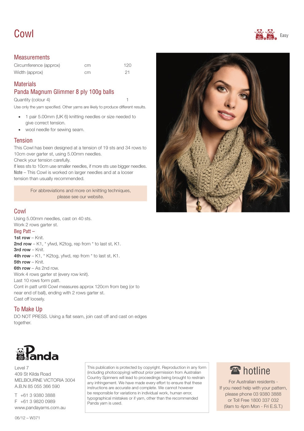 Lace Cowl Knitting Pattern in Panda Magnum Glimmer 8 Ply - pattern instructions