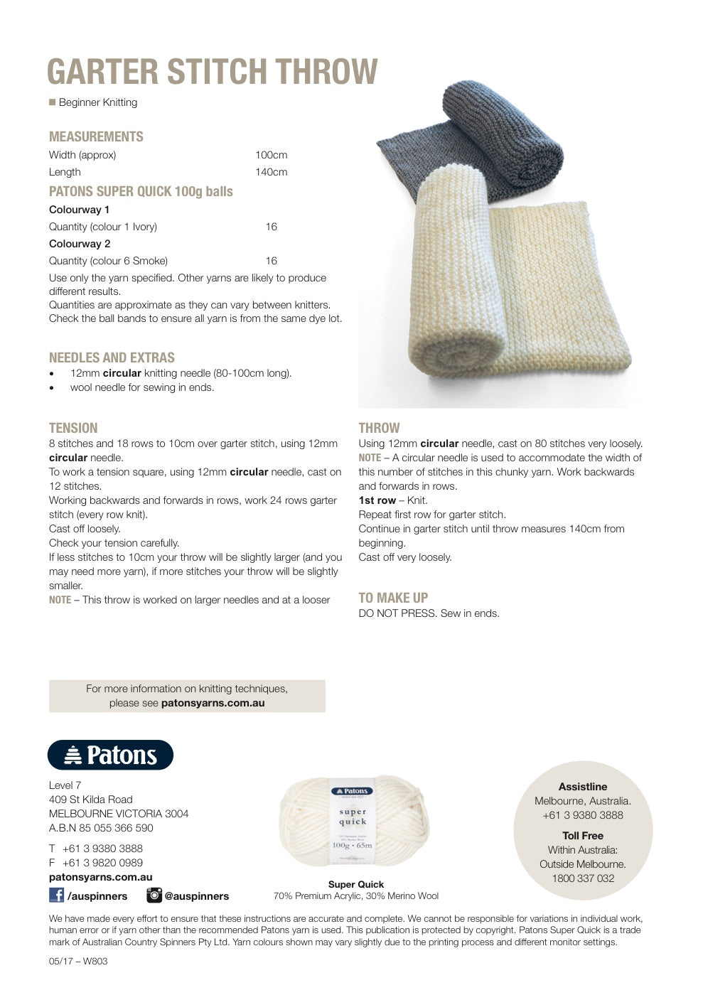 Garter Stitch Throw Knitting Pattern in Patons Super Quick - pattern instructions
