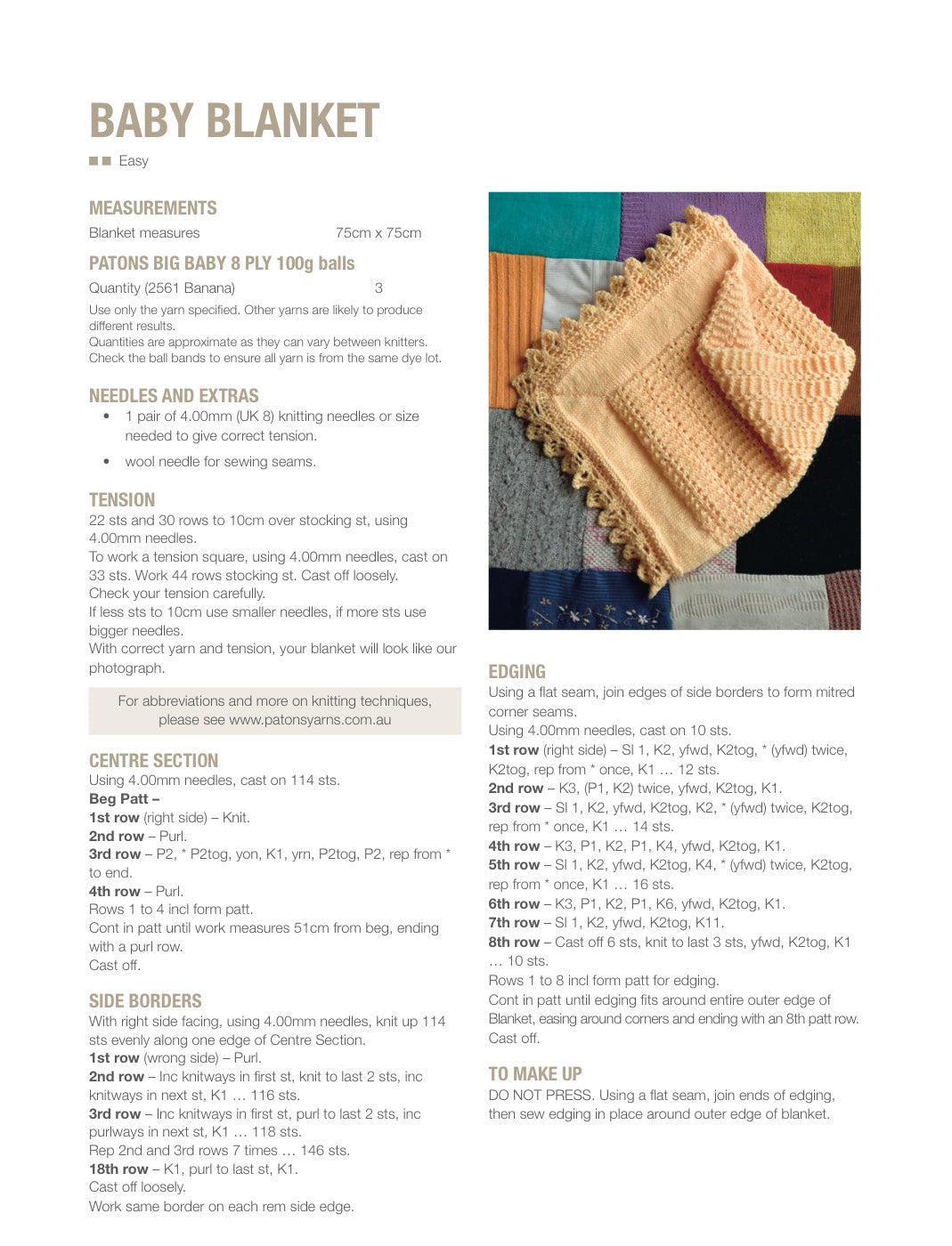 Baby Blanket Knitting Pattern in Patons Big Baby 8 Ply - pattern instructions