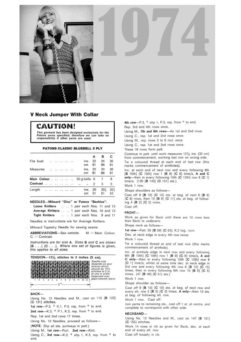 Vintage 1974 V Neck Jumper Knitting Pattern in Patons Bluebell 5 Ply - pattern instructions