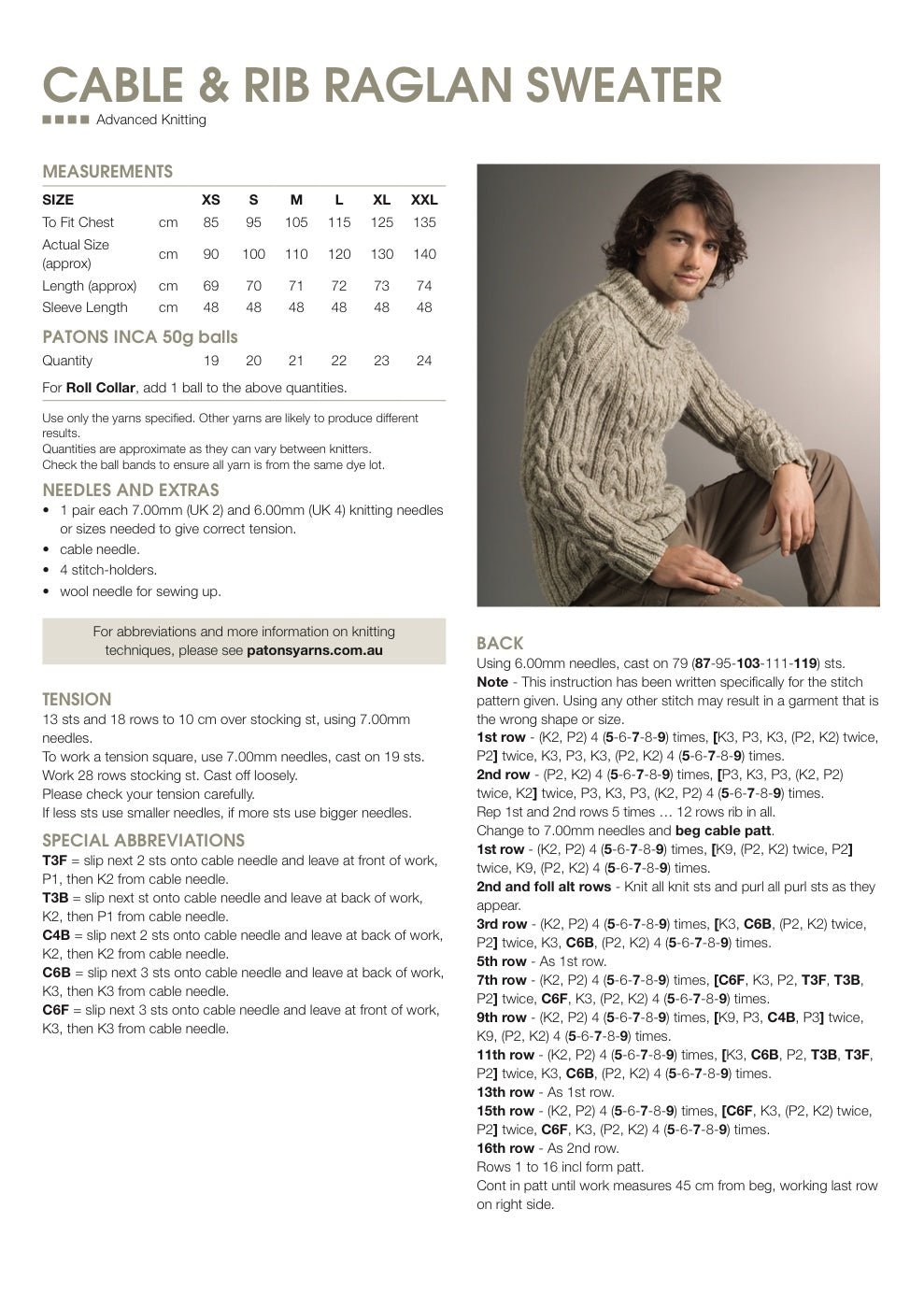 Cable and Rib Raglan Sweater Knitting Pattern in Patons Inca 14 Ply - pattern instructions