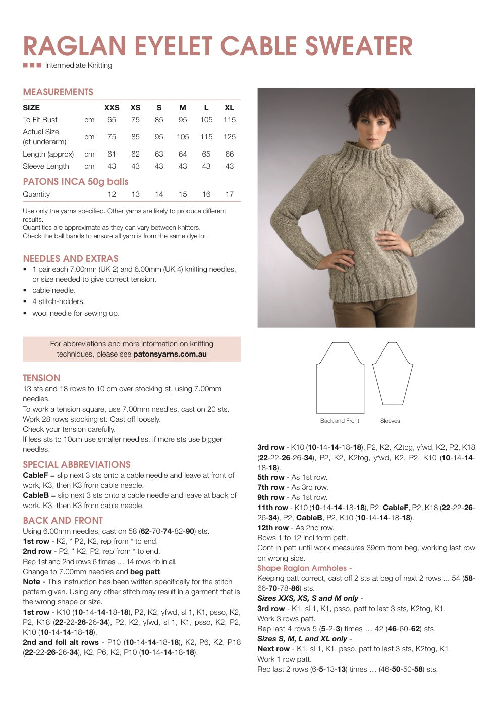 Raglan Eyelet Cable Sweater Knitting Pattern in Patons Inca 14 Ply - pattern instructions