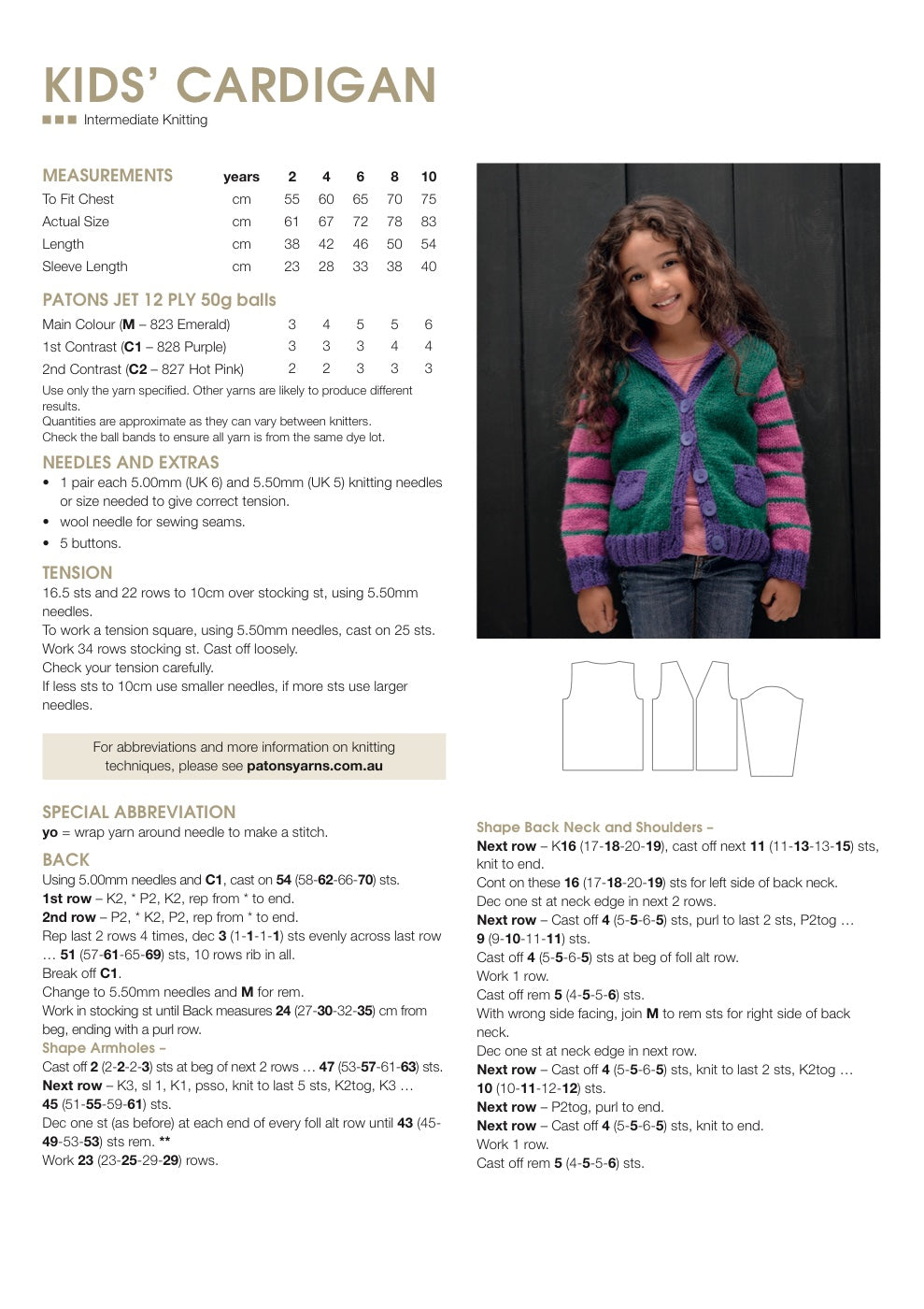 Kids Cardigan Knitting Pattern in Patons Jet 12 Ply - pattern instructions