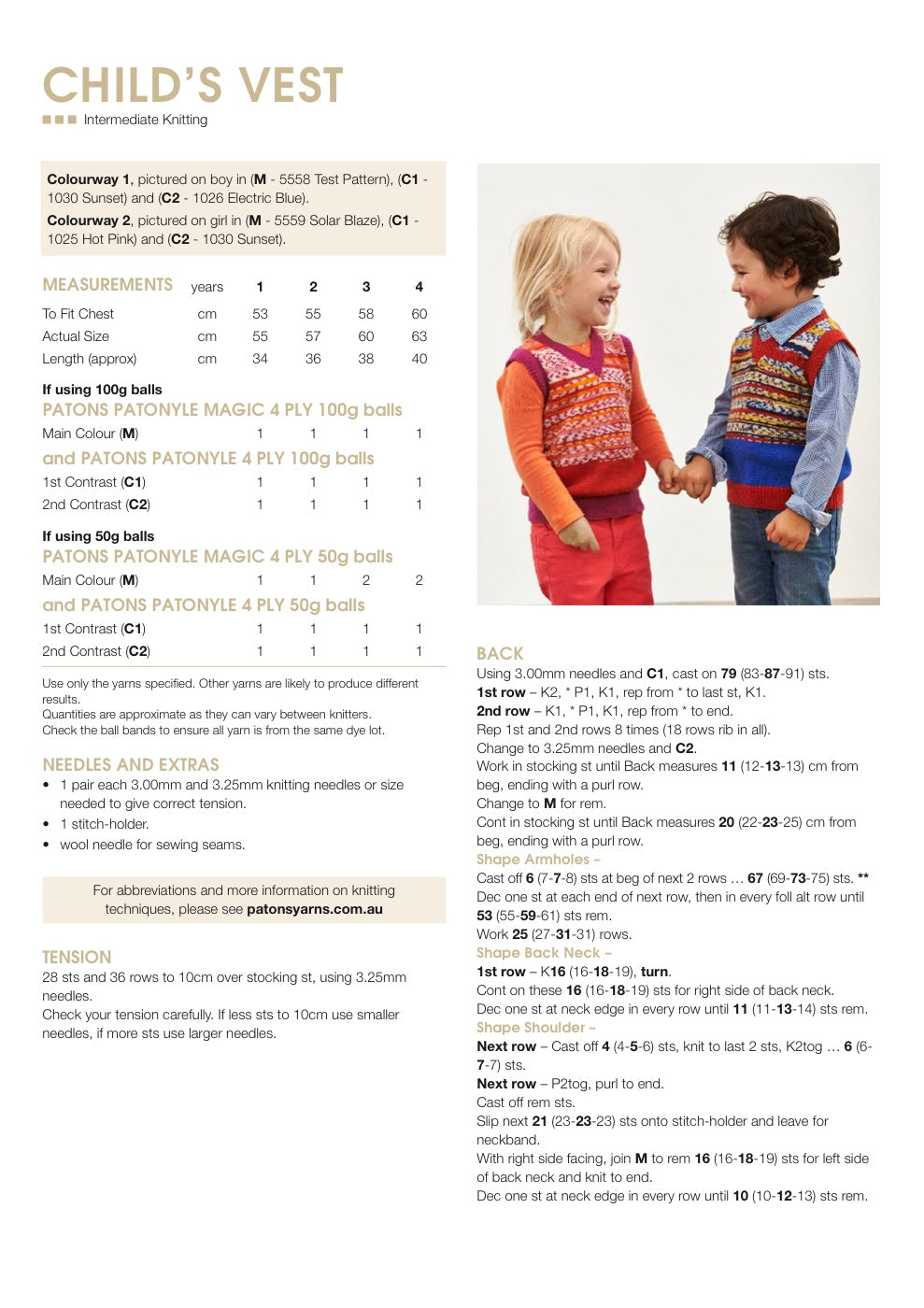Childs Vest Knitting Pattern in Patons Patonyle Magic 4 Ply - pattern instructions
