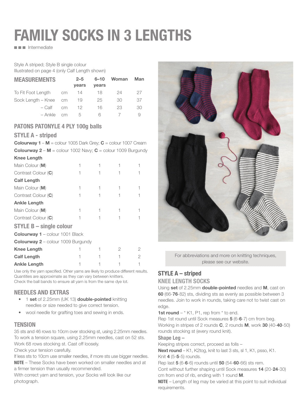 Family Socks Knitting Pattern in Patons Patonyle 4 Ply, Three Lengths - pattern instructions