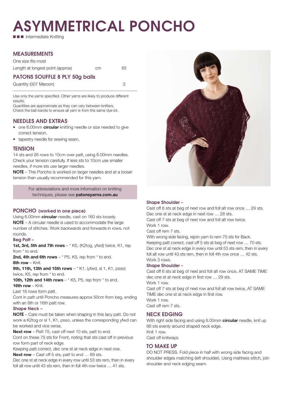 Asymmetrical Poncho Knitting Pattern in Patons Souffle 8 Ply - pattern instructions