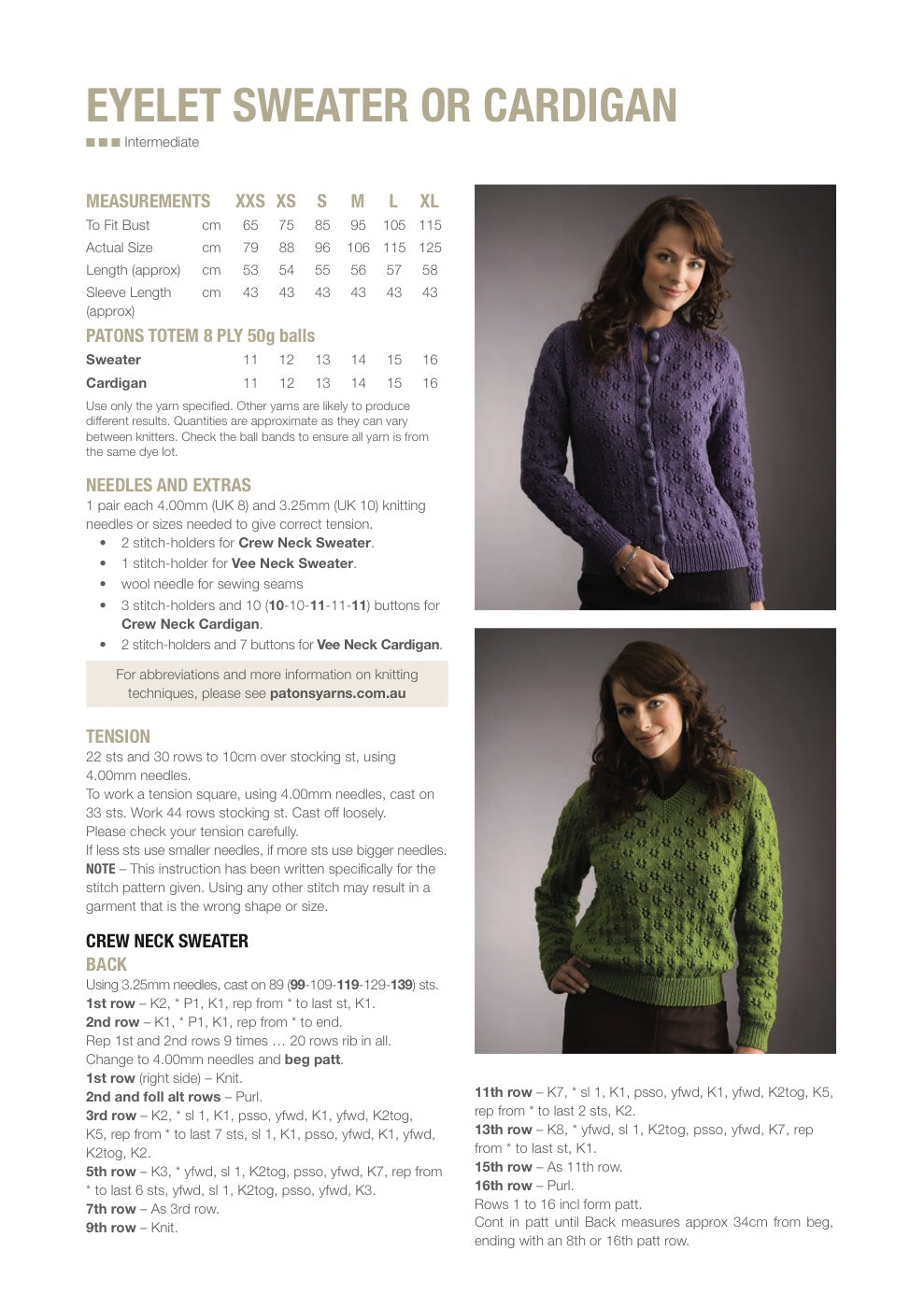 Eyelet Sweater or Cardigan Knitting Pattern in Patons Totem 8 Ply - pattern instructions