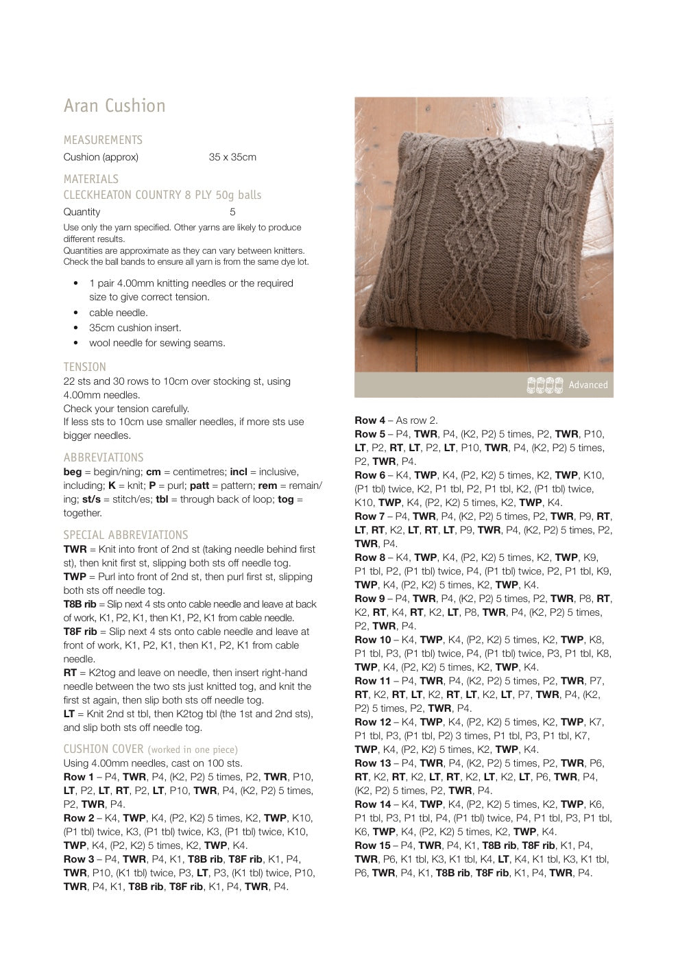 Aran Cushion Knitting Pattern in Cleckheaton Country 8 Ply - pattern instructions