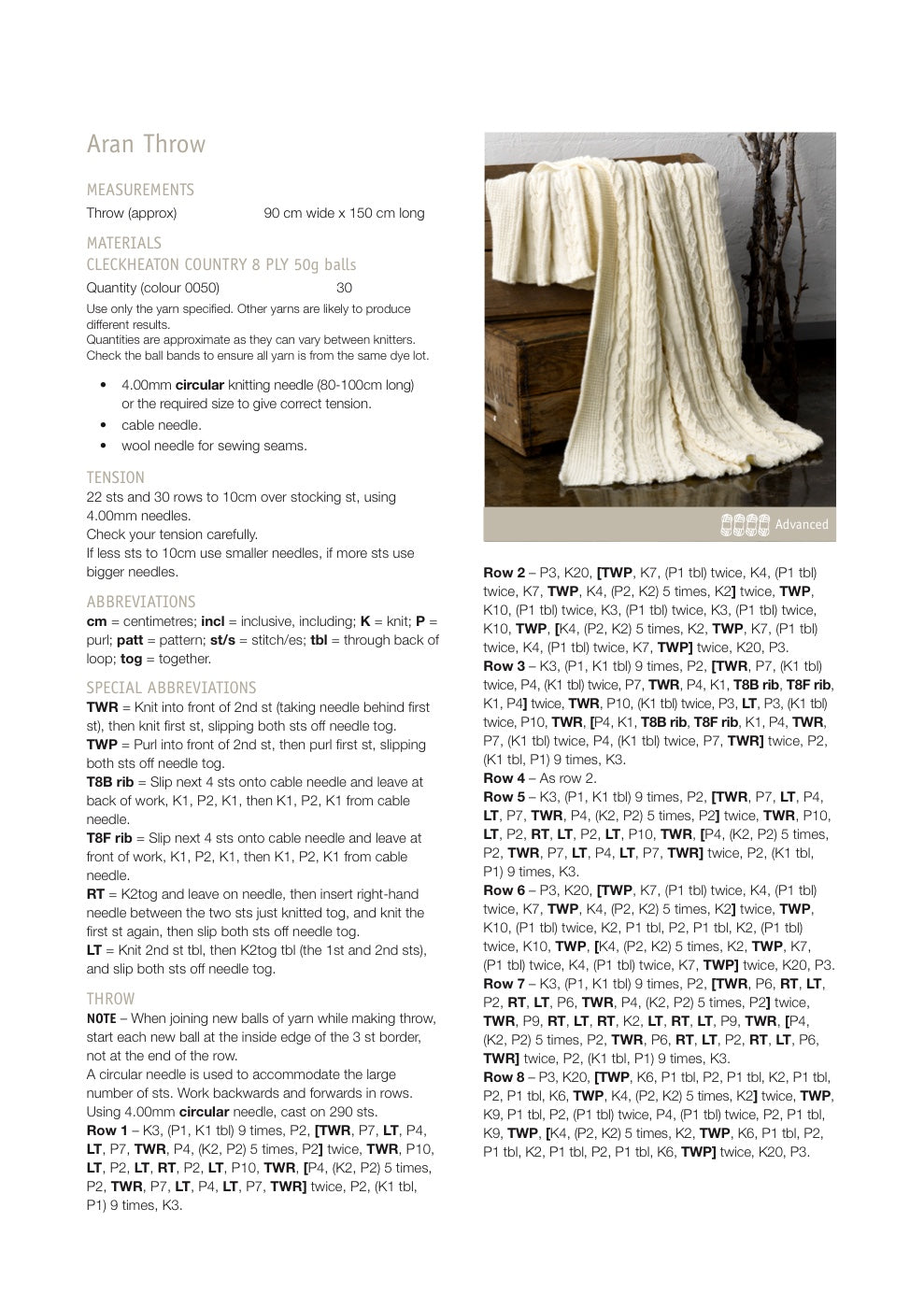 Aran Throw Knitting Pattern in Cleckheaton Country 8 Ply - pattern instructions