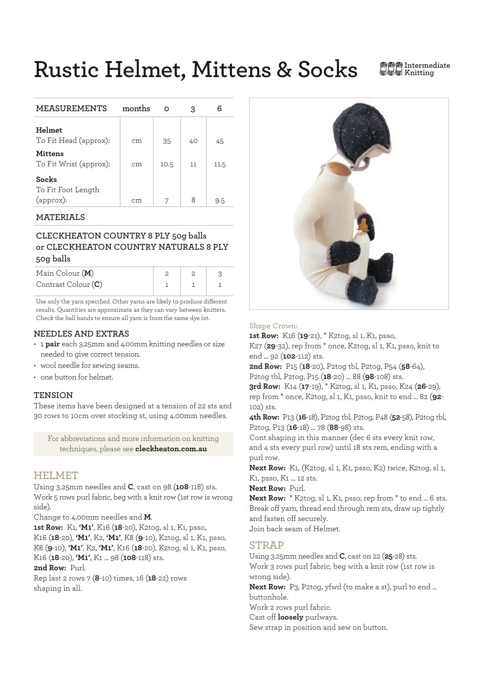 Baby Helmet, Mittens and Socks Knitting Pattern in Cleckheaton Country 8 Ply - pattern instructions
