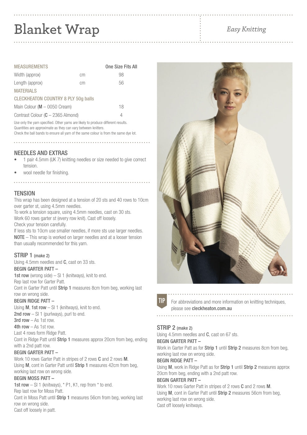 Blanket Wrap Knitting Pattern in Cleckheaton Country 8 Ply - pattern instructions