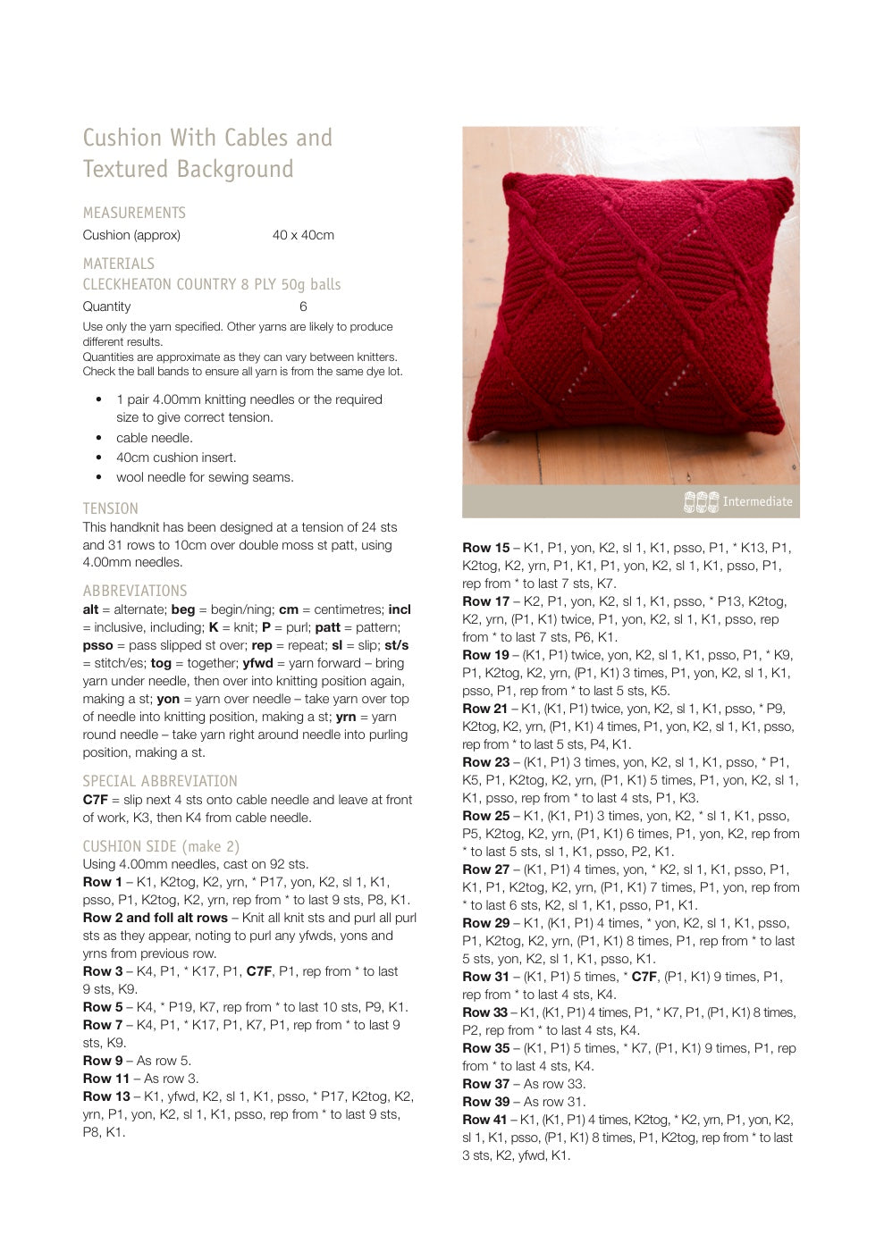 Cable Cushion Knitting Pattern in Cleckheaton Country 8 Ply - pattern instructions