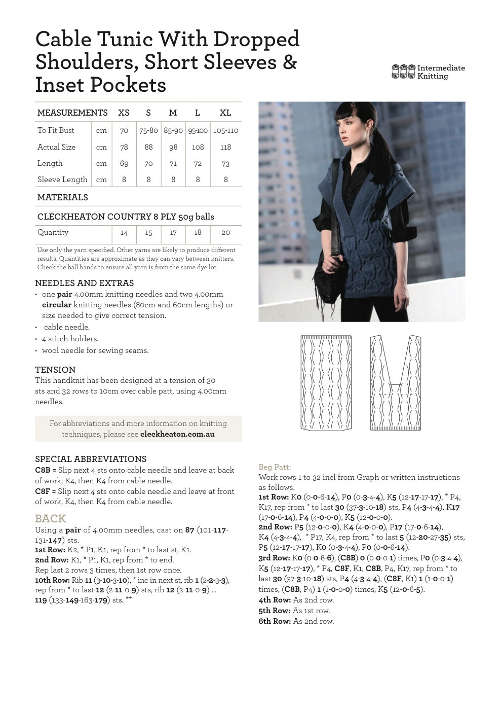 Cable Tunic Knitting Pattern in Cleckheaton Country 8 Ply - pattern instructions