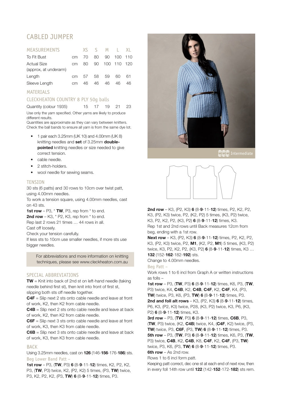 Cabled Jumper Knitting Pattern in Cleckheaton Country 8 Ply - pattern instructions