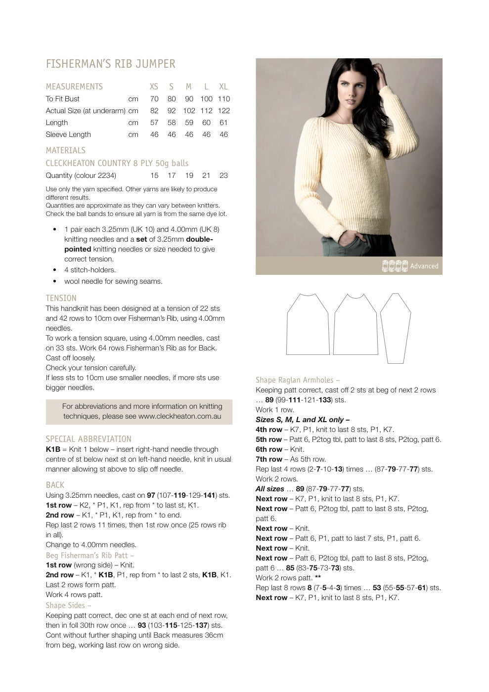 Fishermans Rib Jumper Knitting Pattern in Cleckheaton Country 8 Ply - pattern instructions