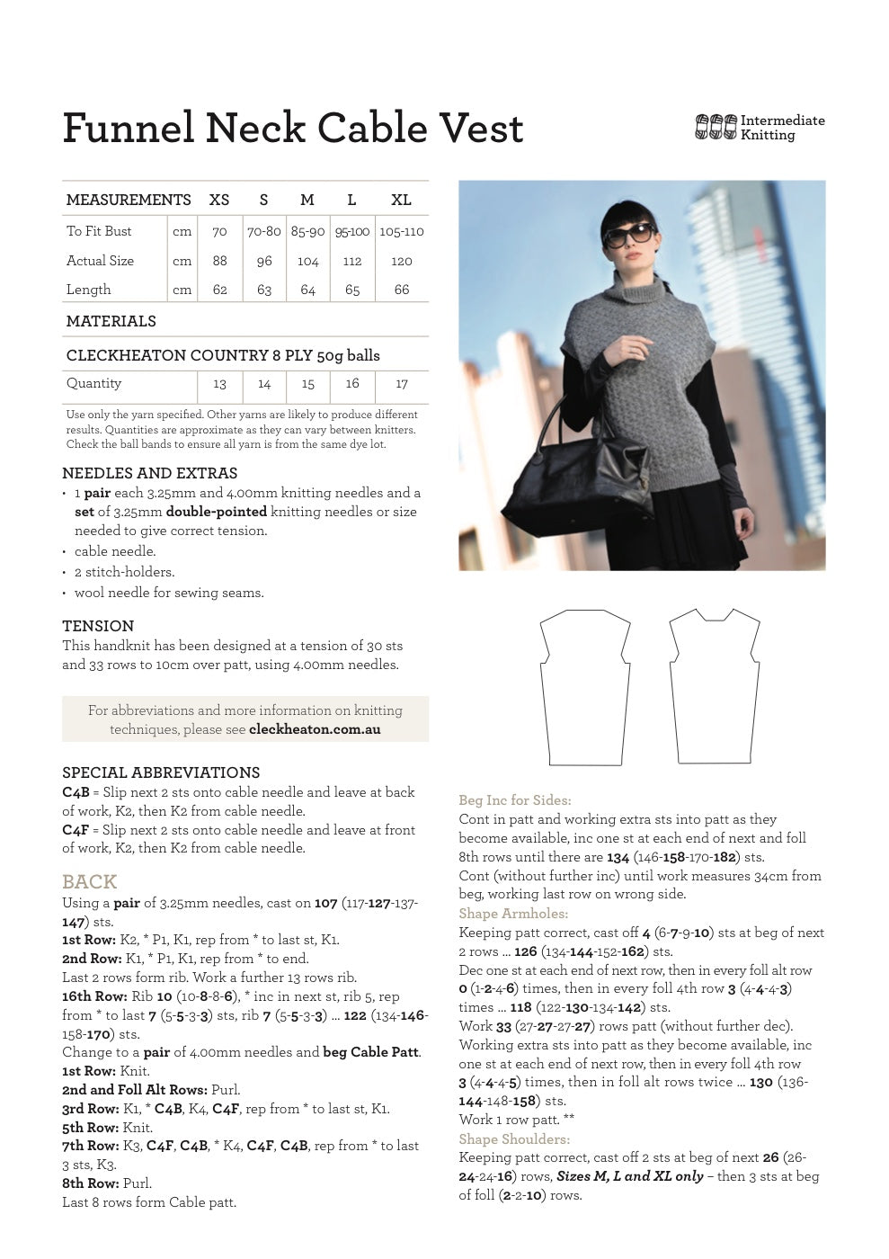 Funnel Neck Cable Vest Knitting Pattern in Cleckheaton Country 8 Ply - pattern instructions