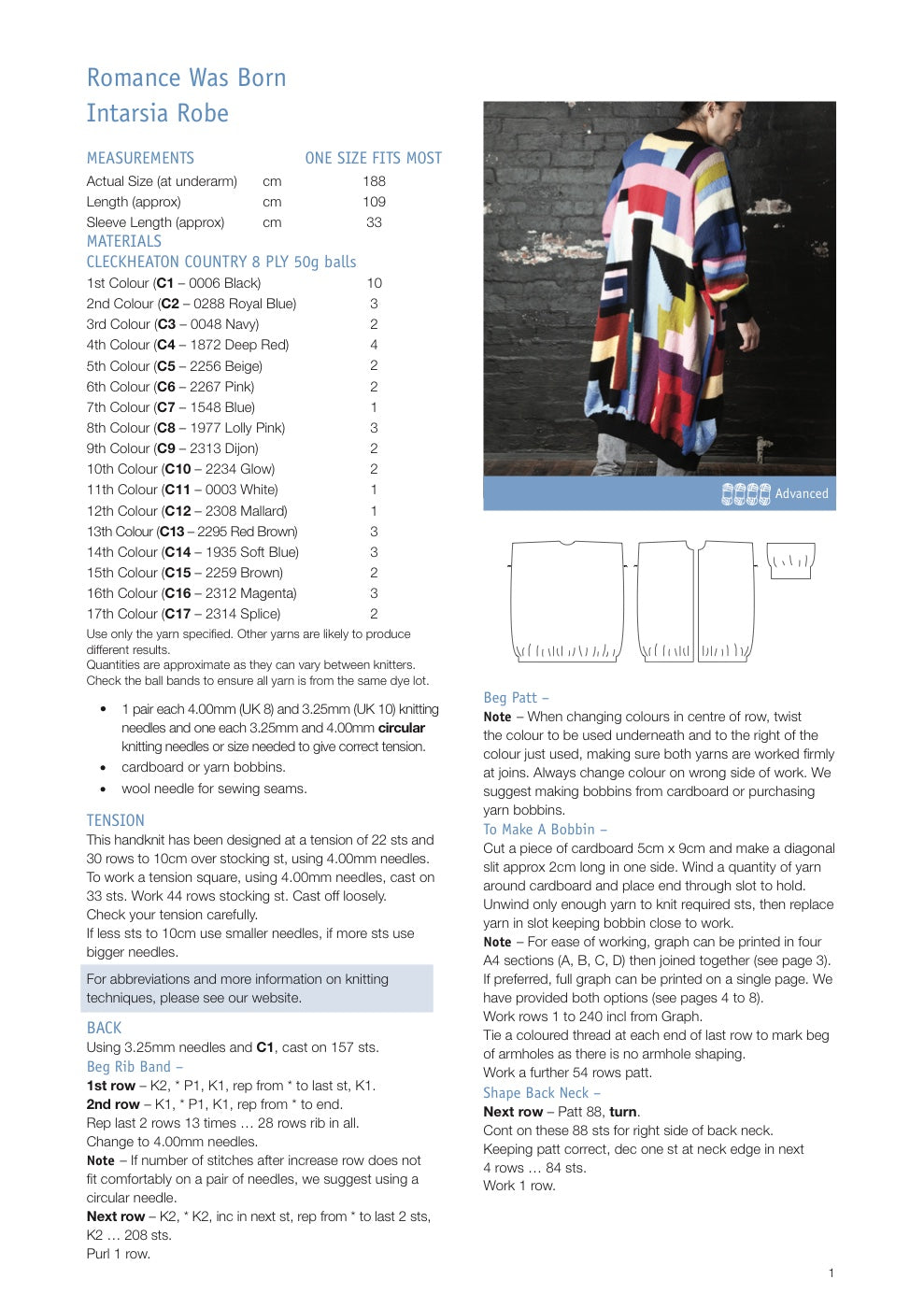 Intarsia Robe Knitting Pattern in Cleckheaton Country 8 Ply - pattern instructions