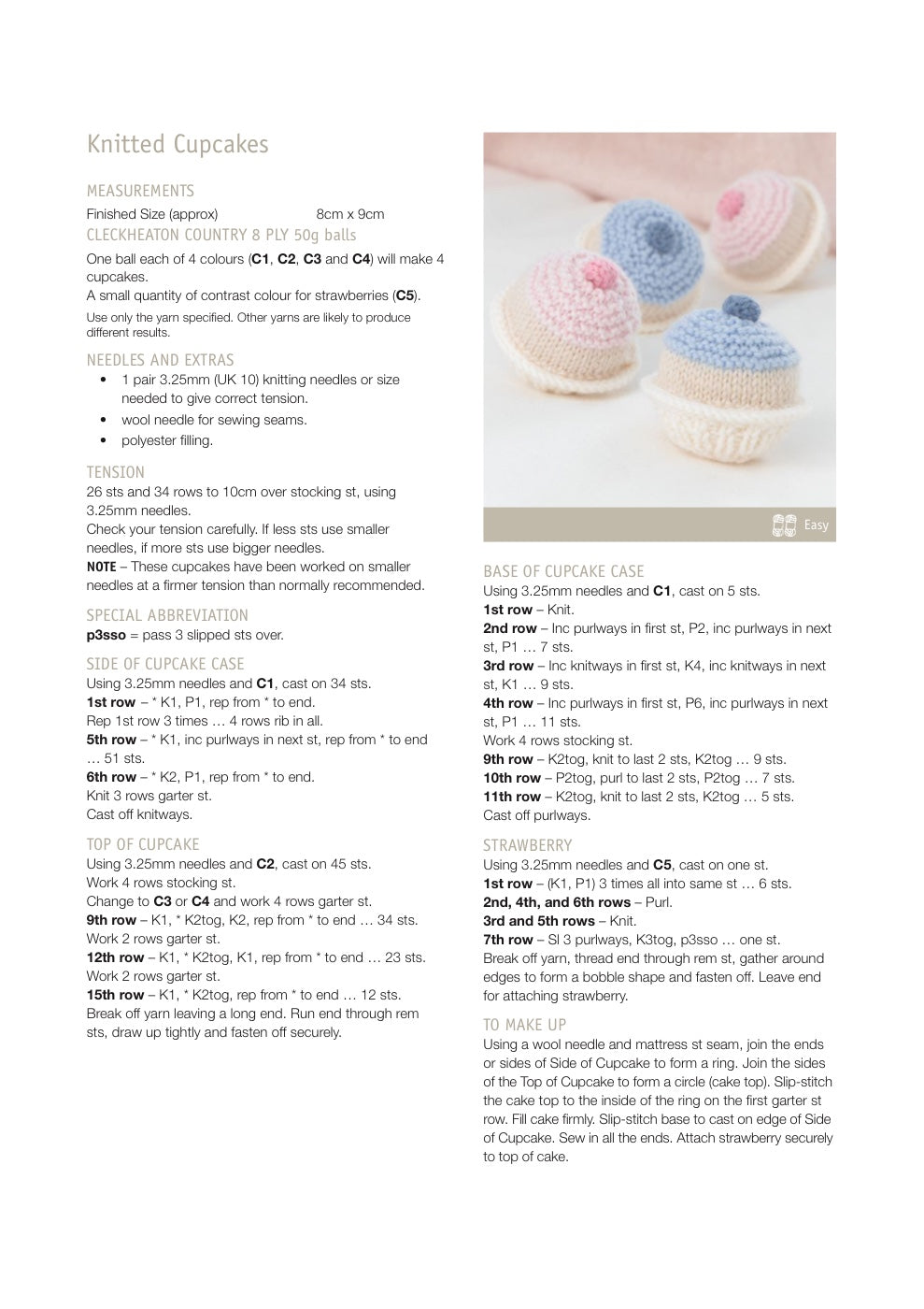 Knitted Cupcakes Pattern in Cleckheaton Country 8 Ply - pattern instructions