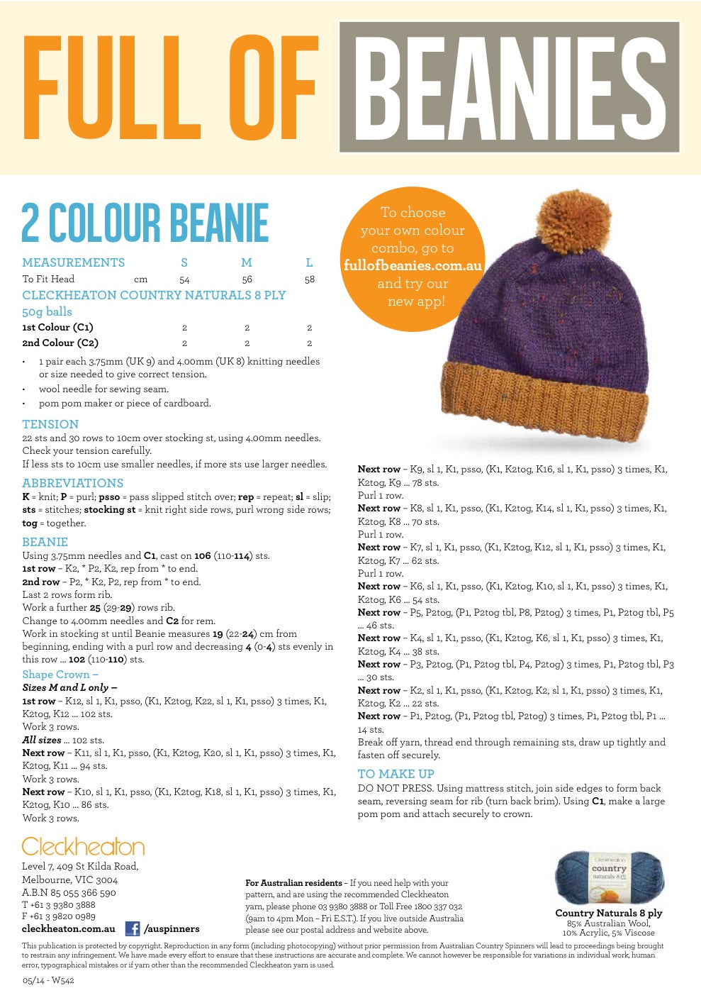 Two Colour Beanie Knitting Pattern in Cleckheaton Country Naturals 8 Ply - pattern instructions