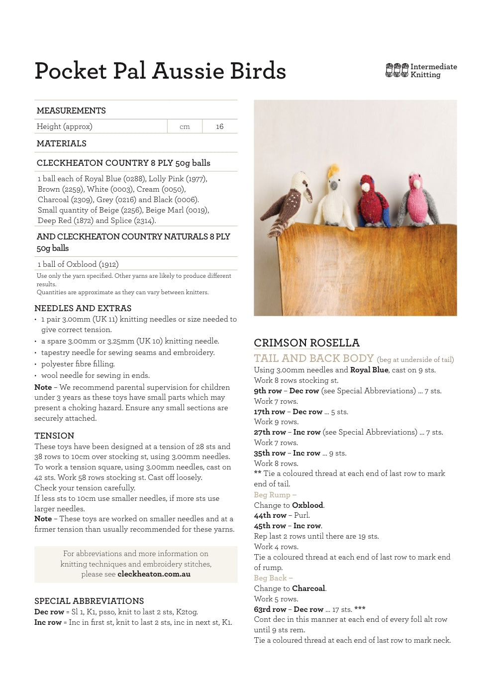 Pocket Pal Aussie Birds Knitting Pattern in Cleckheaton Country 8 Ply - pattern instructions