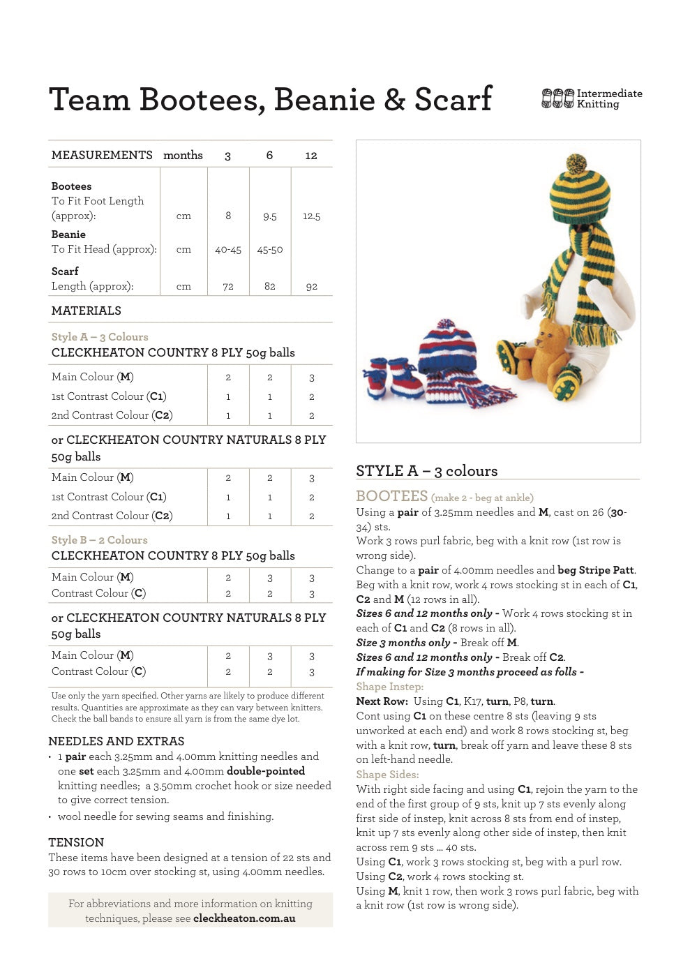 Team Bootees, Beanie and Scarf Knitting Pattern in Cleckheaton Country 8 Ply - pattern instructions