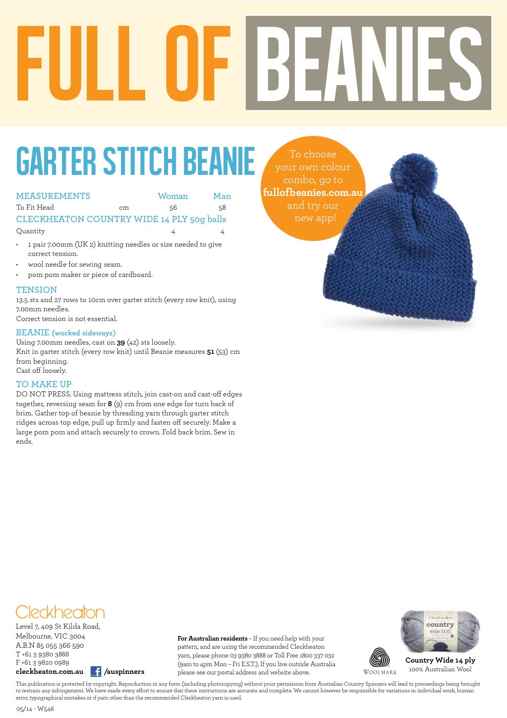 Garter Stitch Beanie Knitting Pattern in Cleckheaton Country Wide 14 Ply - pattern instructions