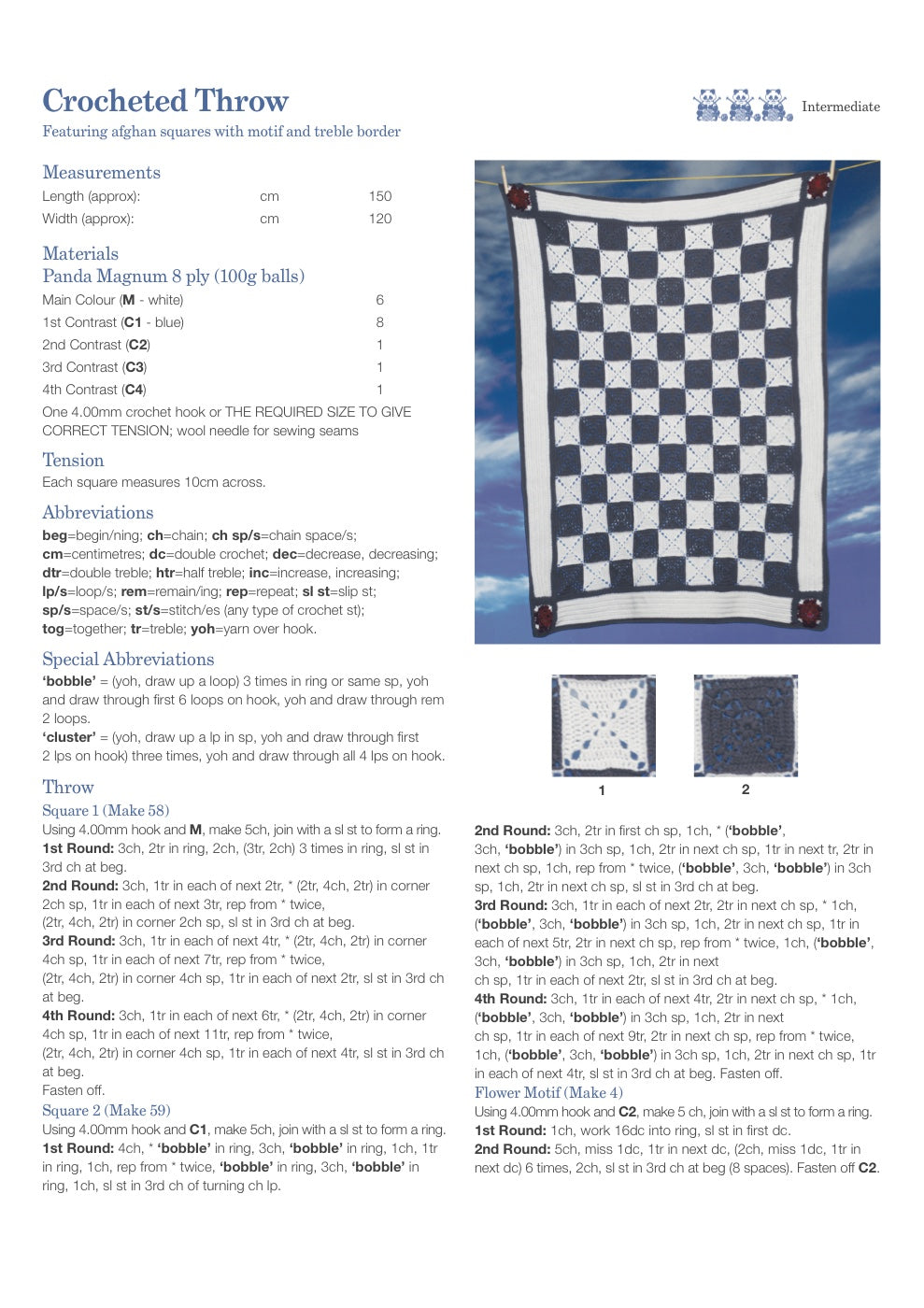 Afghan Square Throw Crochet Pattern in Panda Magnum 8 Ply - pattern instructions