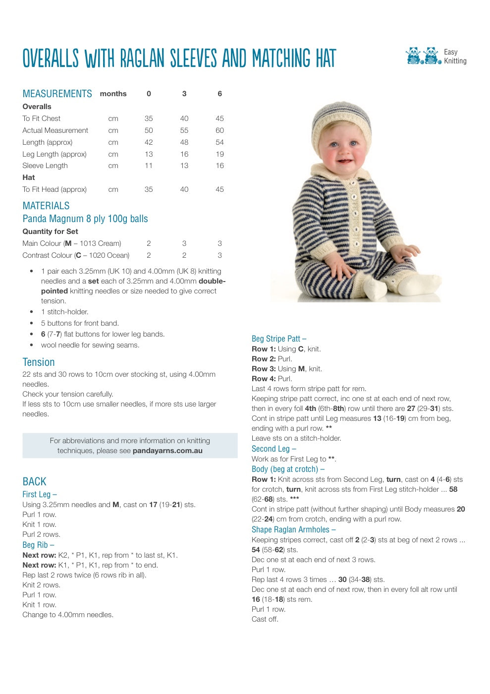 Baby Overalls and Hat Knitting Pattern in Panda Magnum 8 Ply - pattern instructions