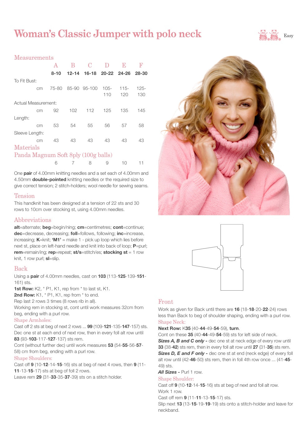 Classic Polo Neck Jumper Knitting Pattern in Panda Magnum Soft 8 Ply - pattern instructions