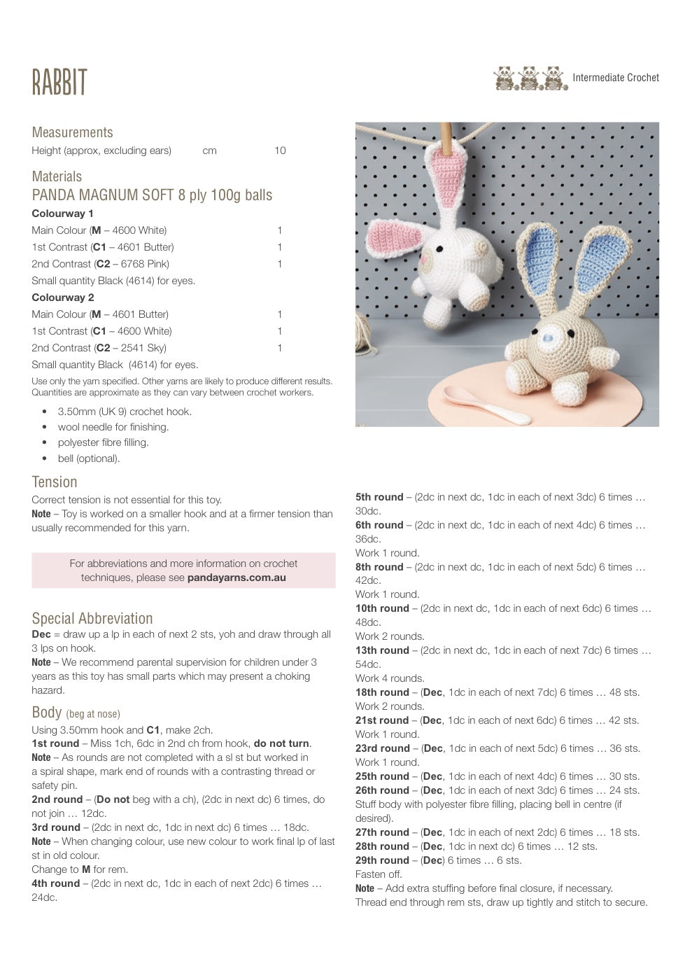 Crocheted Rabbit Pattern in Panda Magnum Soft 8 Ply - pattern instructions