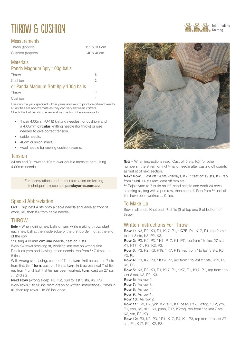 Diamond Throw and Cushion Knitting Pattern in Panda Magnum 8 Ply - pattern instructions
