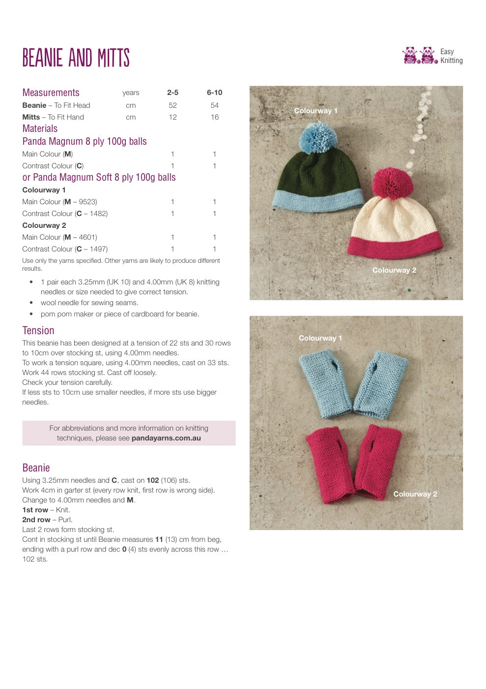 Kids Beanie and Mitts Knitting Pattern in Panda Magnum 8 Ply - pattern instructions