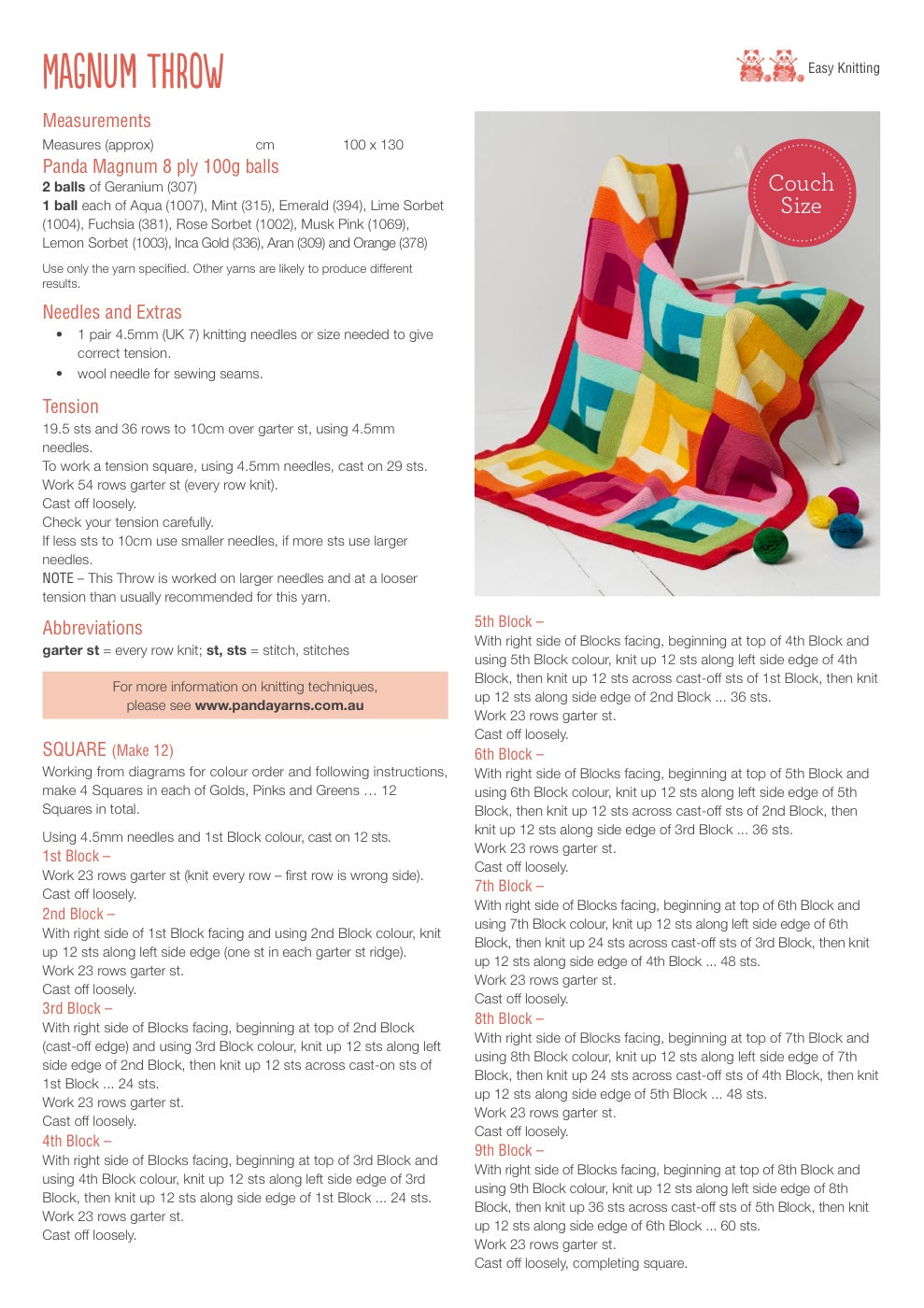 Throw Knitting Pattern in Panda Magnum 8 Ply - pattern instructions