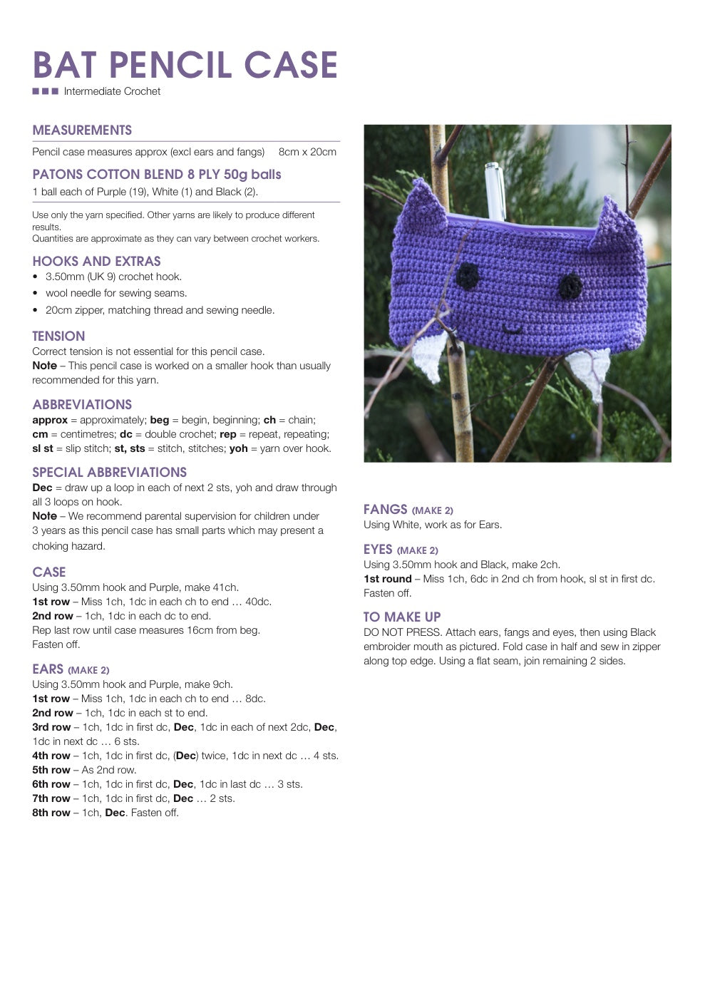 Bat Pencil Case Crochet Pattern in Patons Cotton Blend 8 Ply - pattern instructions