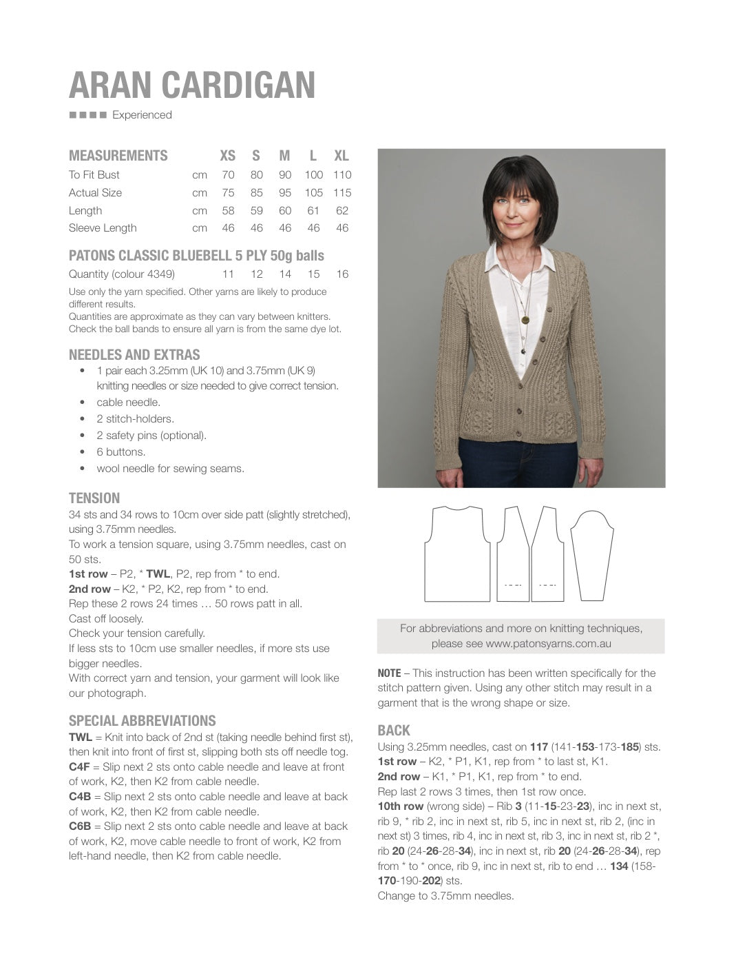 Aran Cardigan Knitting Pattern in Patons Bluebell 5 Ply - pattern instructions