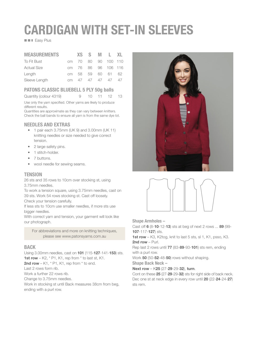 Classic Cardigan Knitting Pattern in Patons Bluebell 5 Ply - pattern instructions