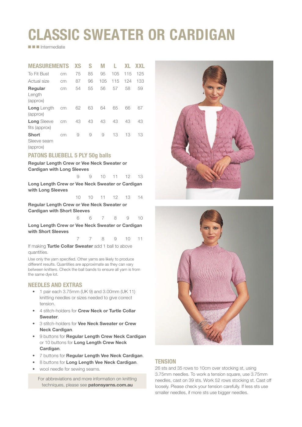 Classic Sweater or Cardigan Knitting Pattern in Patons Bluebell 5 Ply - pattern instructions