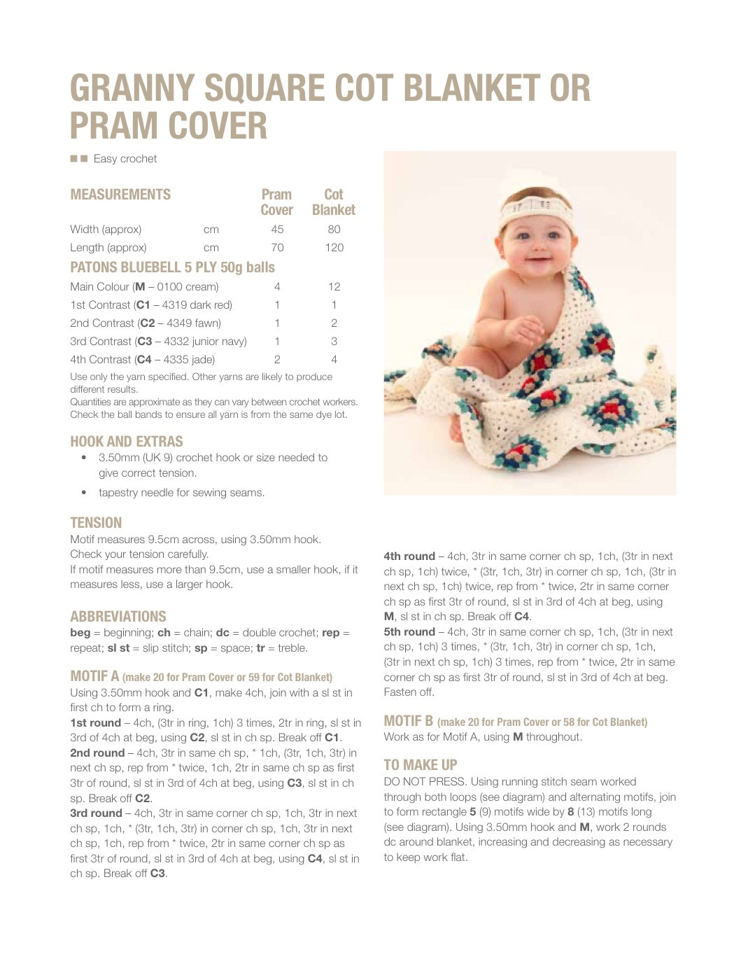 Granny Square Cot Blanket Crochet Pattern in Patons Bluebell 5 Ply - pattern instructions