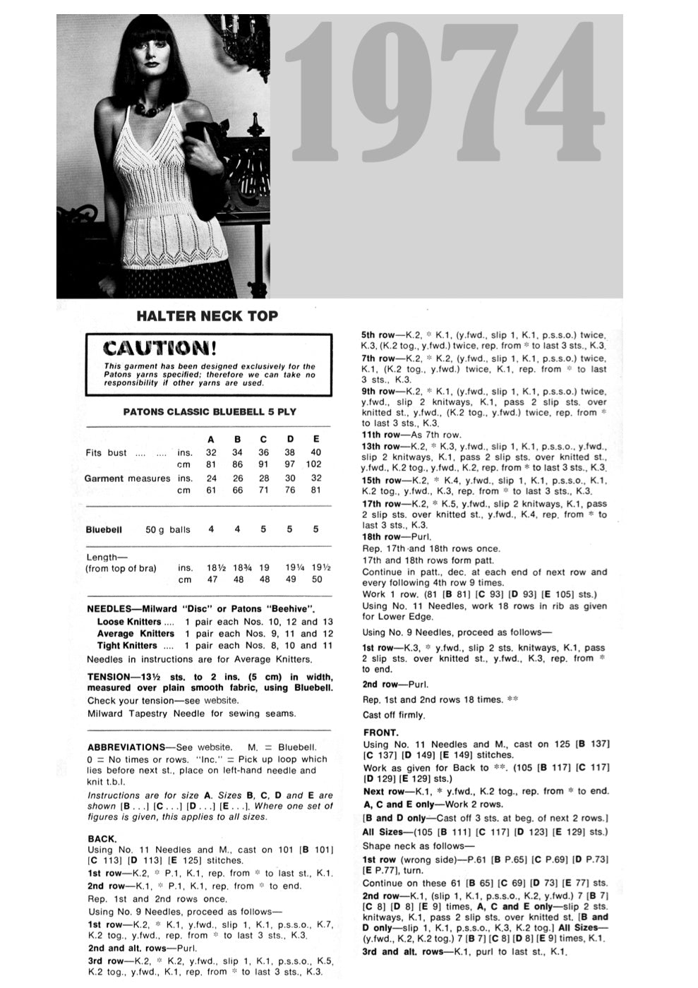 Vintage 1974 Halter Neck Top Knitting Pattern in Patons Bluebell 5 Ply - pattern instructions