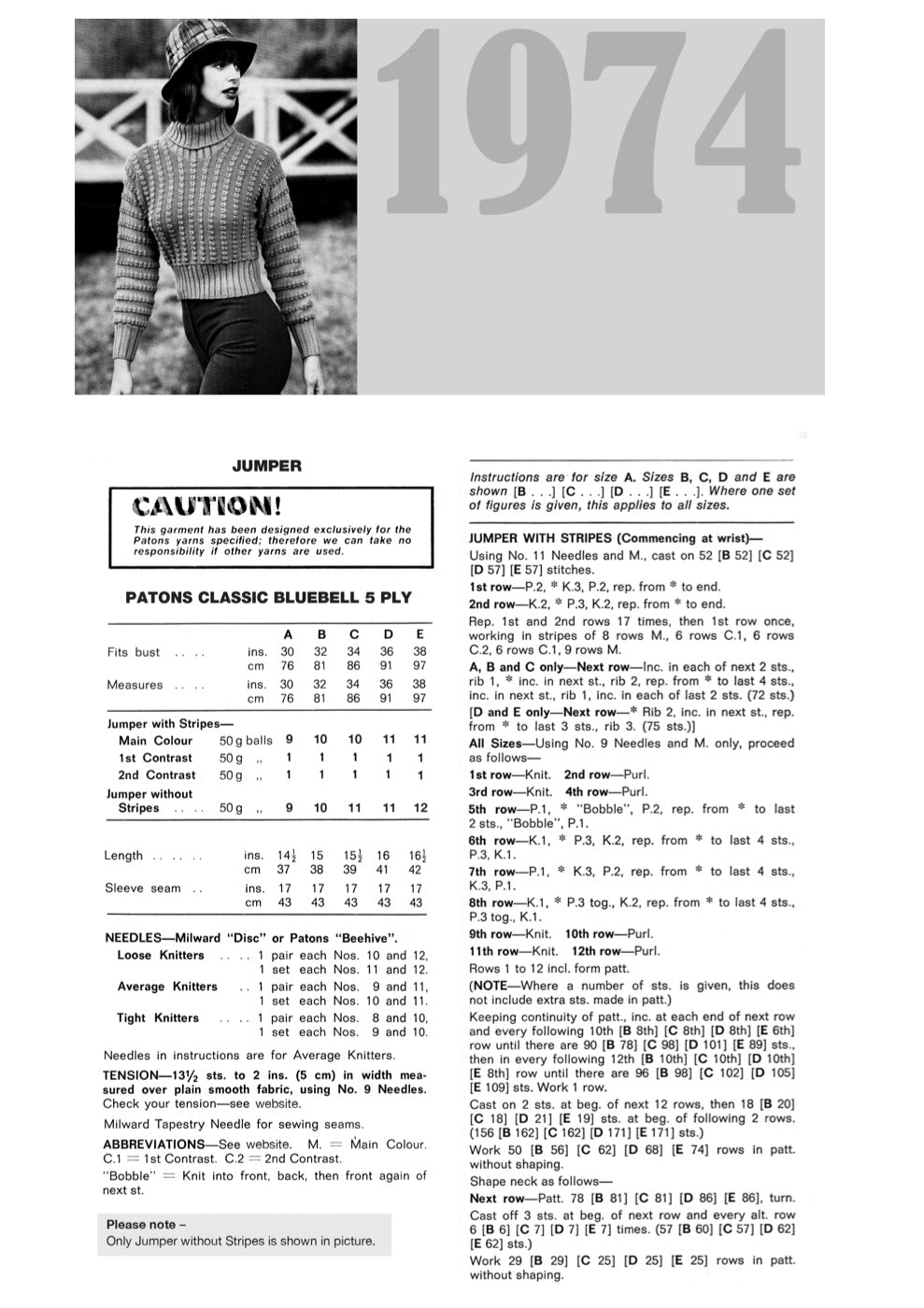 Vintage 1974 Jumper Knitting Pattern in Patons Bluebell 5 Ply - pattern instructions