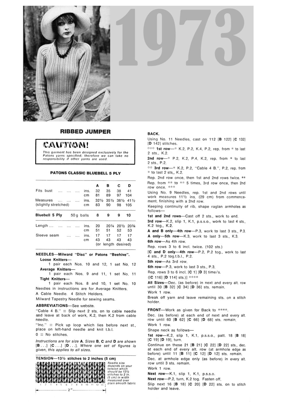 Vintage 1973 Ribbed Jumper Knitting Pattern in Patons Bluebell 5 Ply - pattern instructions
