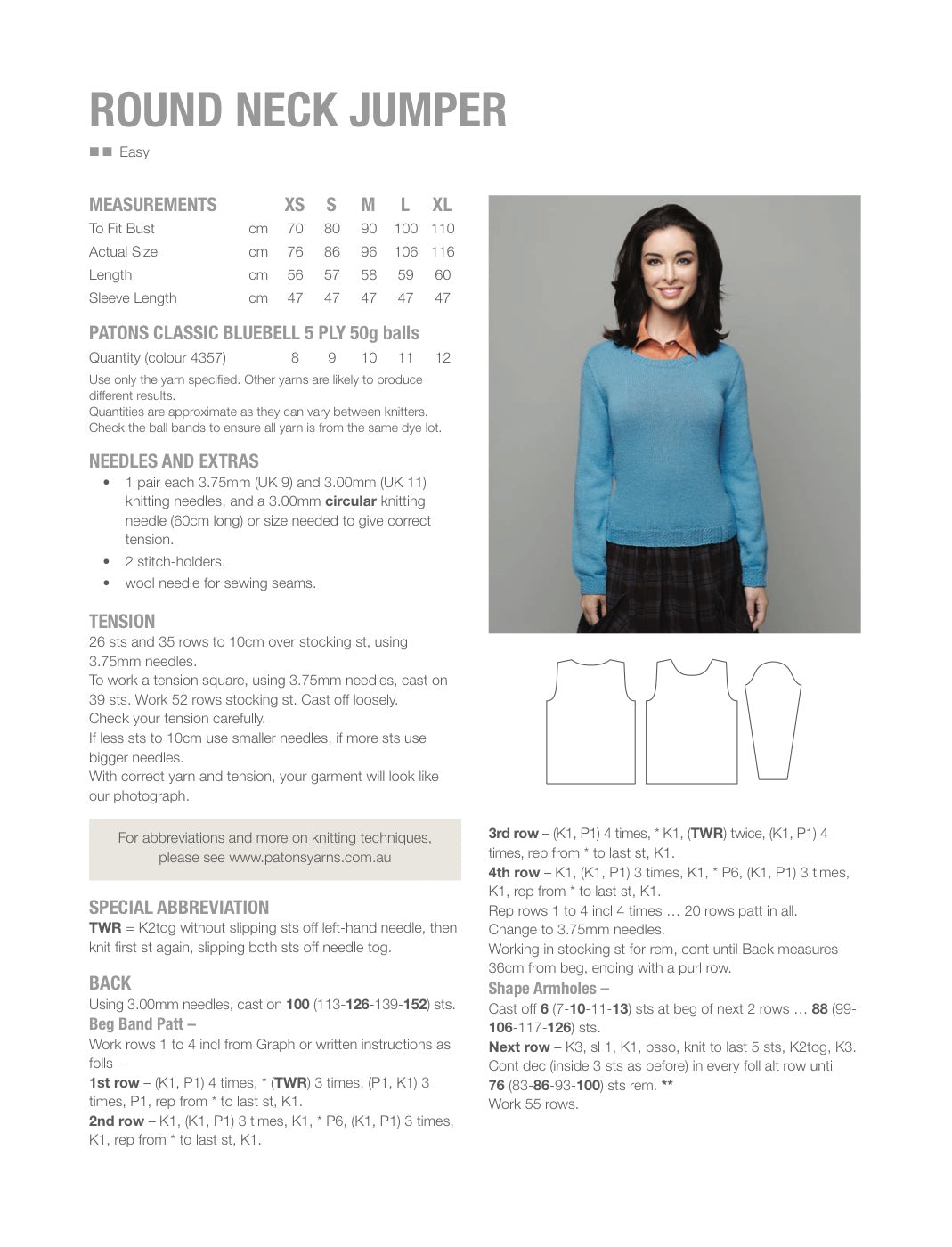 Round Neck Jumper Knitting Pattern in Patons Bluebell 5 Ply - pattern instructions