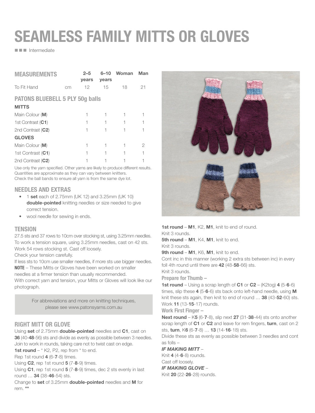 Seamless Mitts or Gloves Knitting Pattern in Patons Bluebell 5 Ply - pattern instructions