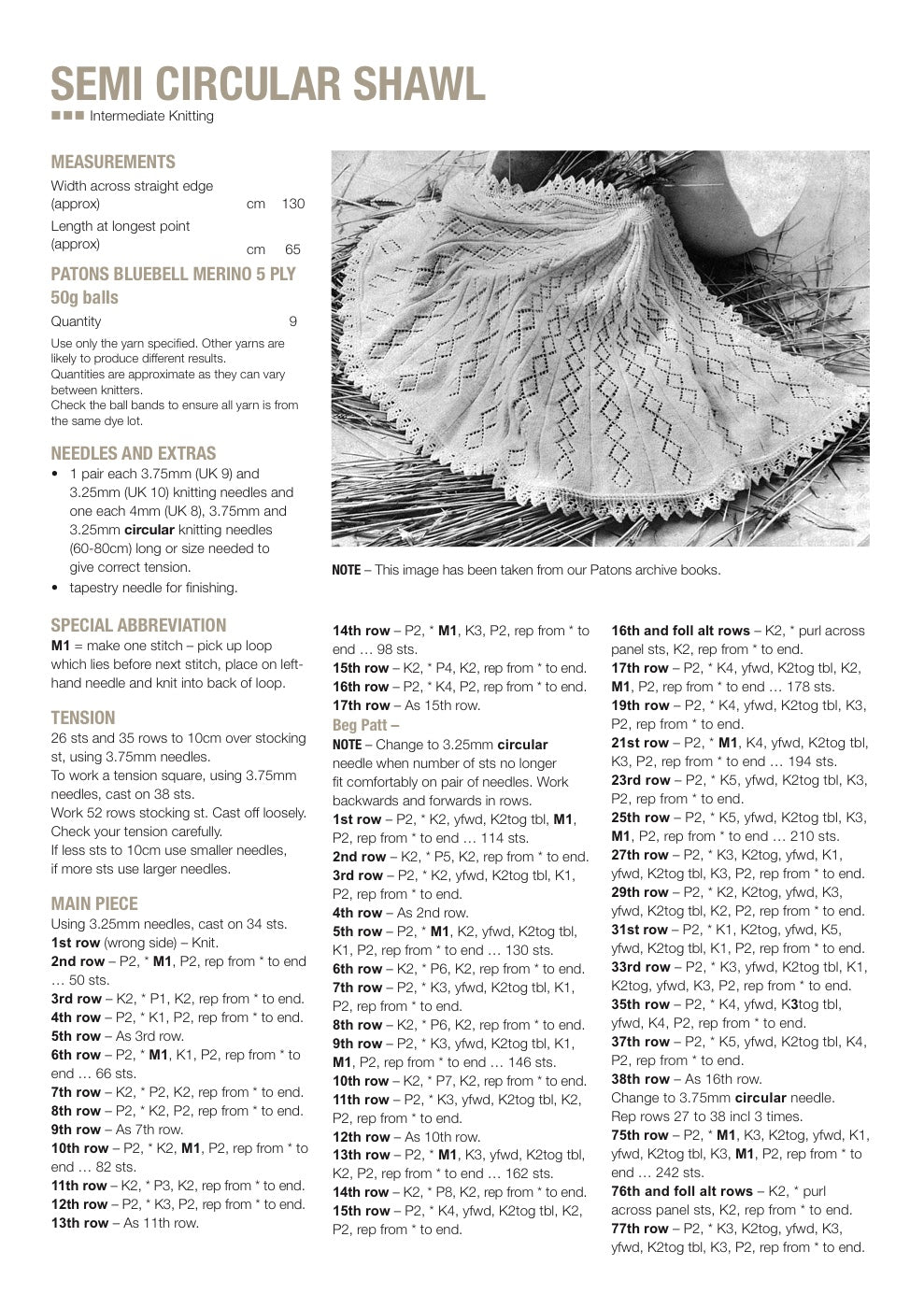 Semi Circular Shawl Knitting Pattern in Patons Bluebell Merino 5 Ply - pattern instructions
