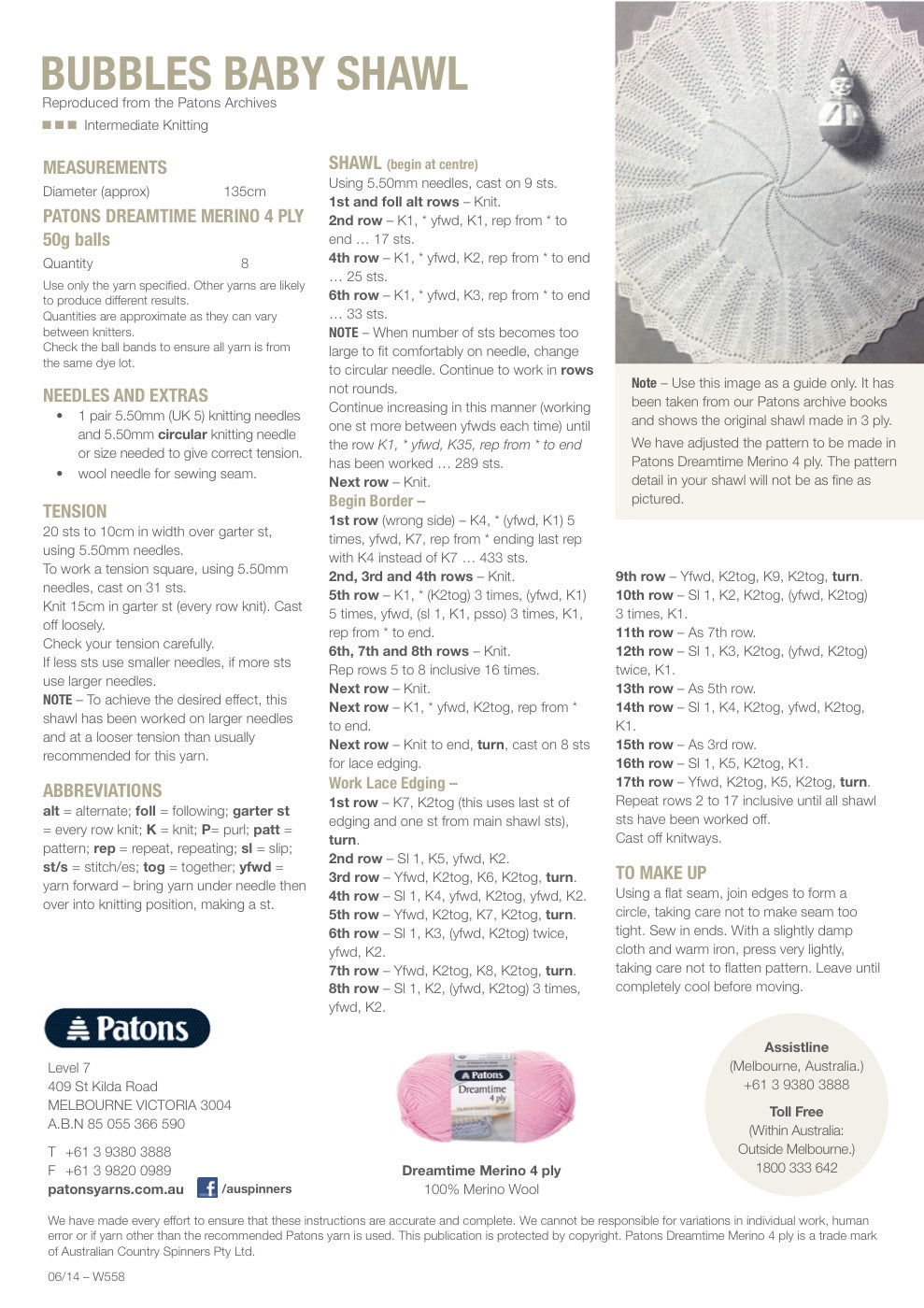 Bubbles Baby Shawl Knitting Pattern in Patons Dreamtime Merino 4 Ply - pattern instructions