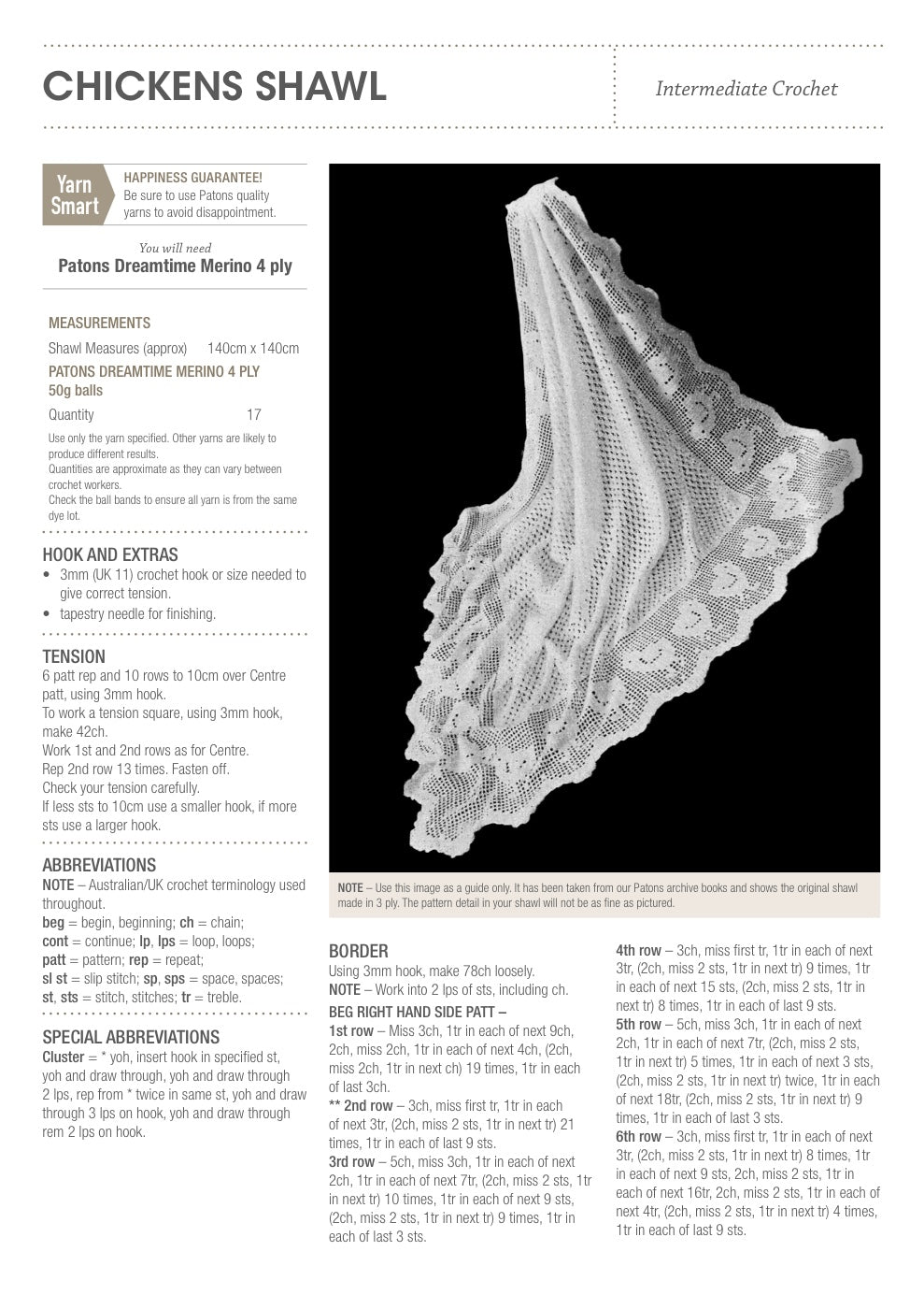 Chickens Shawl Crochet Pattern in Patons Dreamtime Merino 4 Ply - pattern instructions
