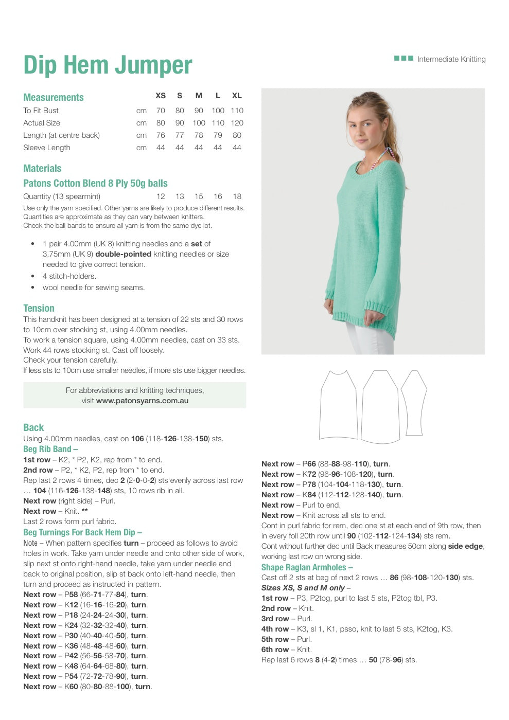 Dip Hem Jumper Knitting Pattern in Patons Cotton Blend 8 Ply - pattern instructions